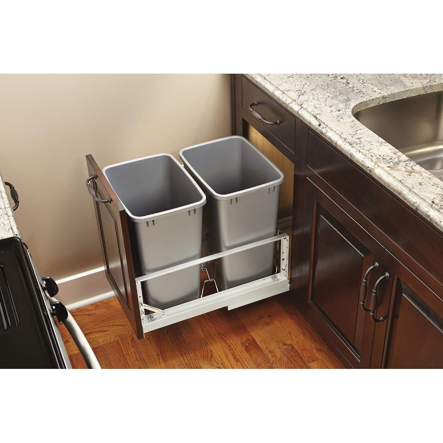 Rev-A-Shelf - 5349-18DM-217 - Double 35 Qt. Pull-Out Brushed Aluminum and Silver Waste Container