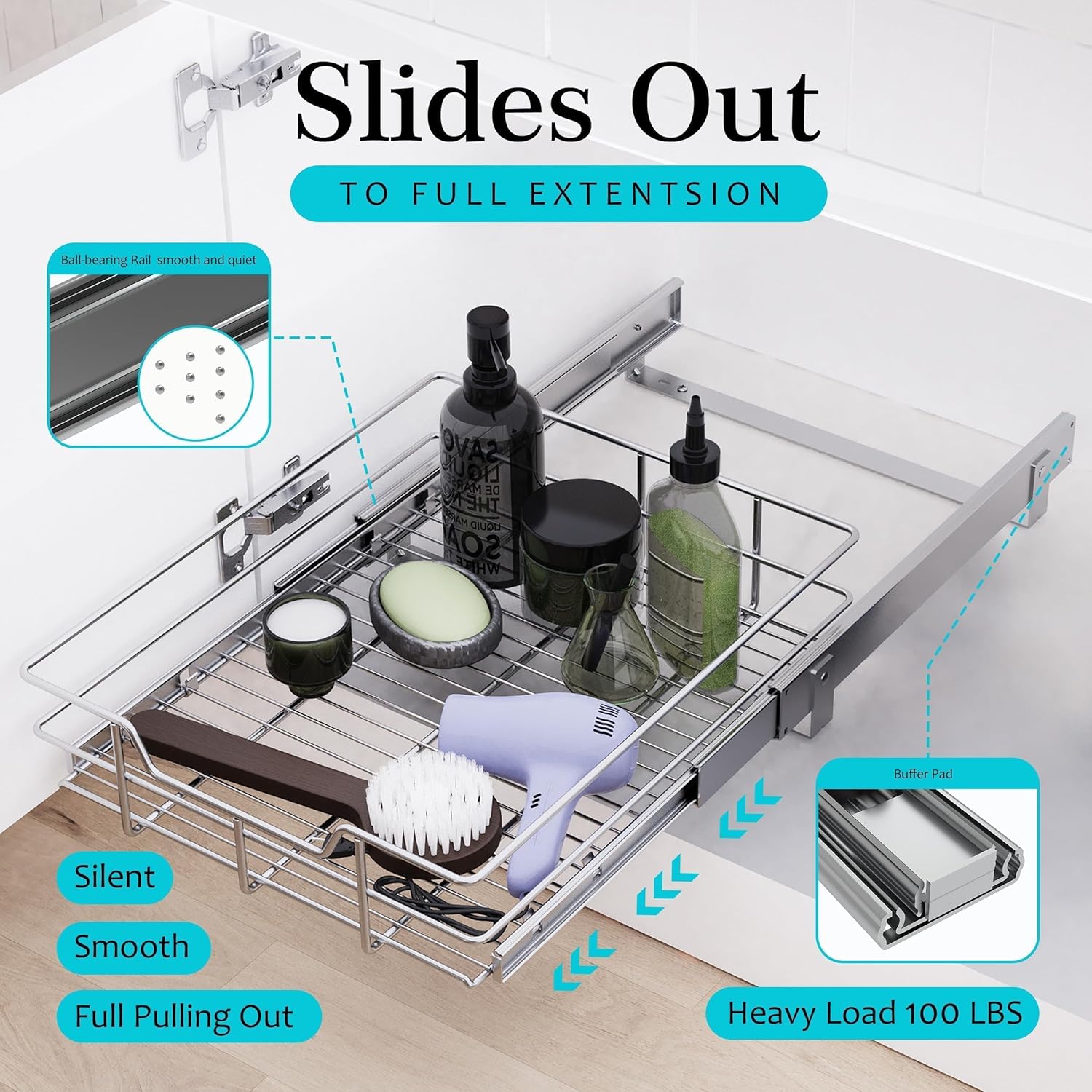 2 Tier Pull Out Cabinet Organizer 11" W X 22" D, Chromed, Full Slide Out