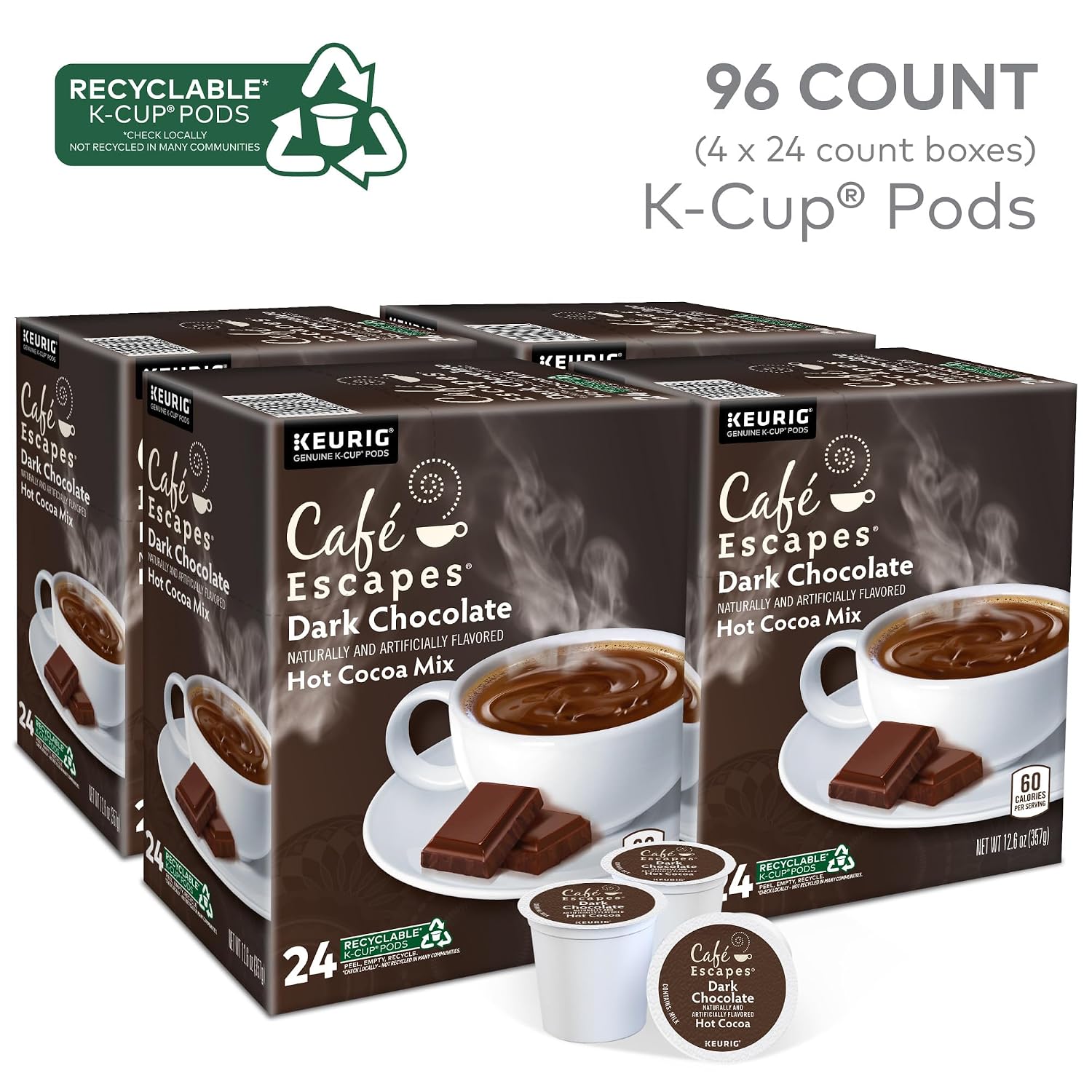 Cafe Escapes Milk Chocolate Hot Cocoa Keurig Single-Serve K-Cup Pods, 96 Count