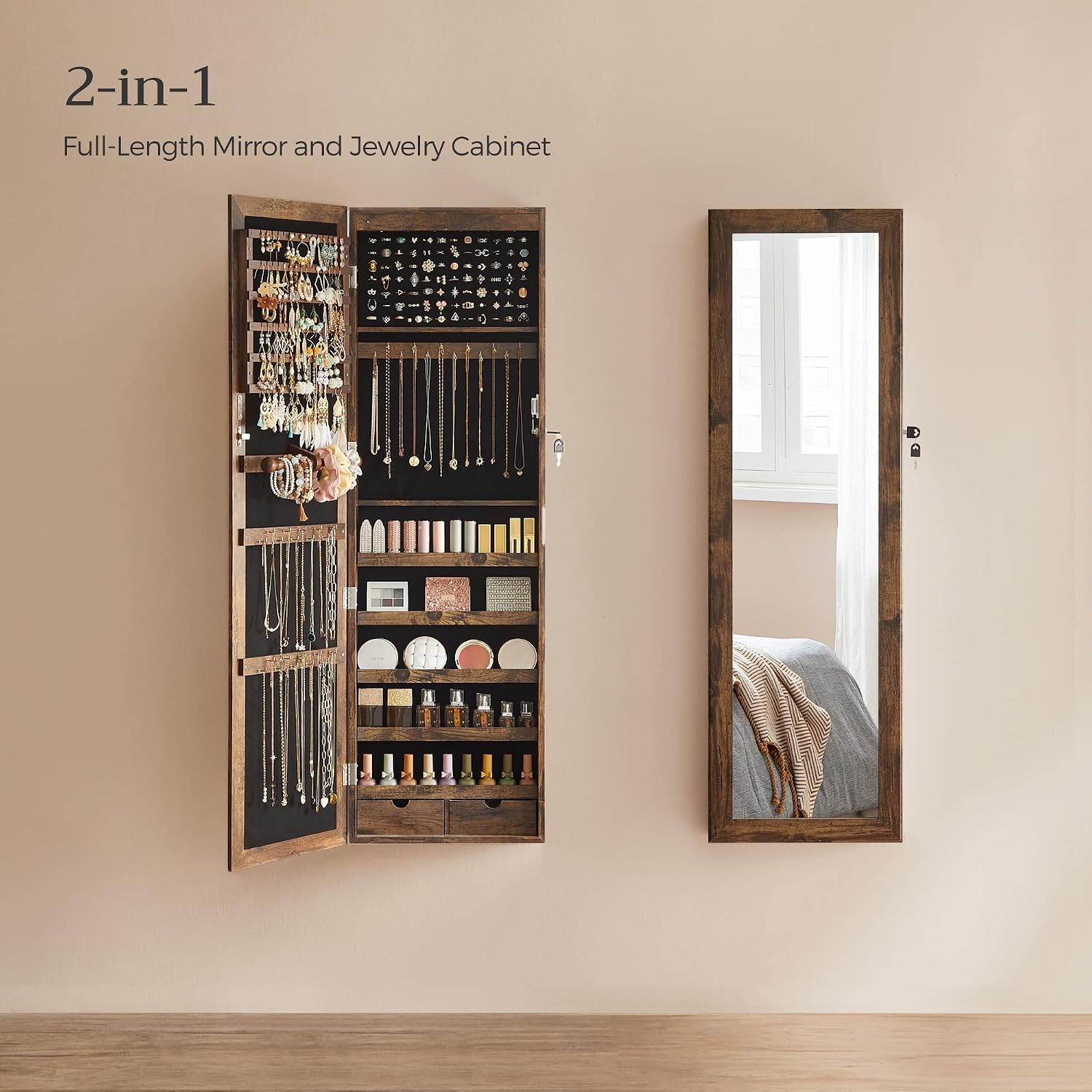 SONGMICS 6 LEDs Mirror Jewelry Cabinet, 47.2-Inch Tall Lockable Wall or Door Mounted Jewelry Armoire Organizer with Mirror, 2 Drawers, 3.9 x 14.6 x 47.2 Inches, White UJJC93W