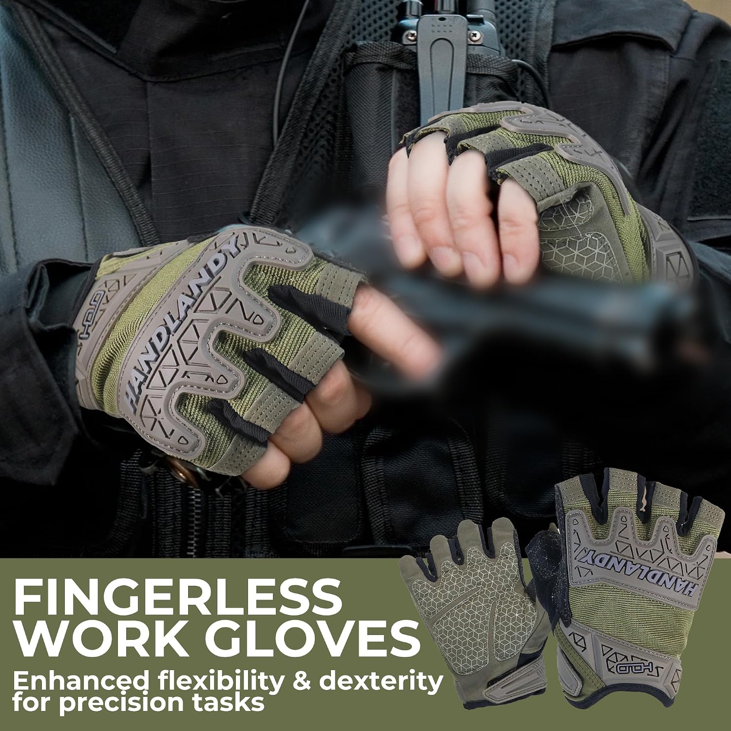 HANDLANDY Framer Work Gloves Open-Finger Carpenters Gloves, Fingerless Gaming Gloves for Tactical Shooting, Airsoft, Hunting, Police Work and Hiking L