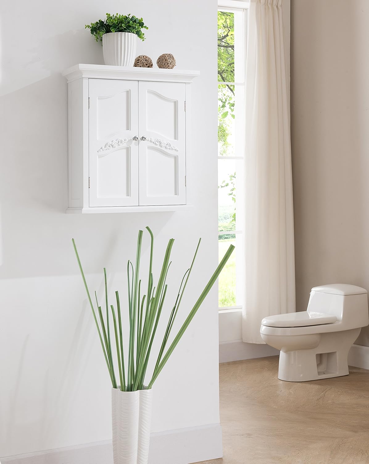 Teamson Home Versailles Wooden Floor Storage Cabinet and Wall Cabinet with Adjustable Shelves and Floral Scroll Doors, White
