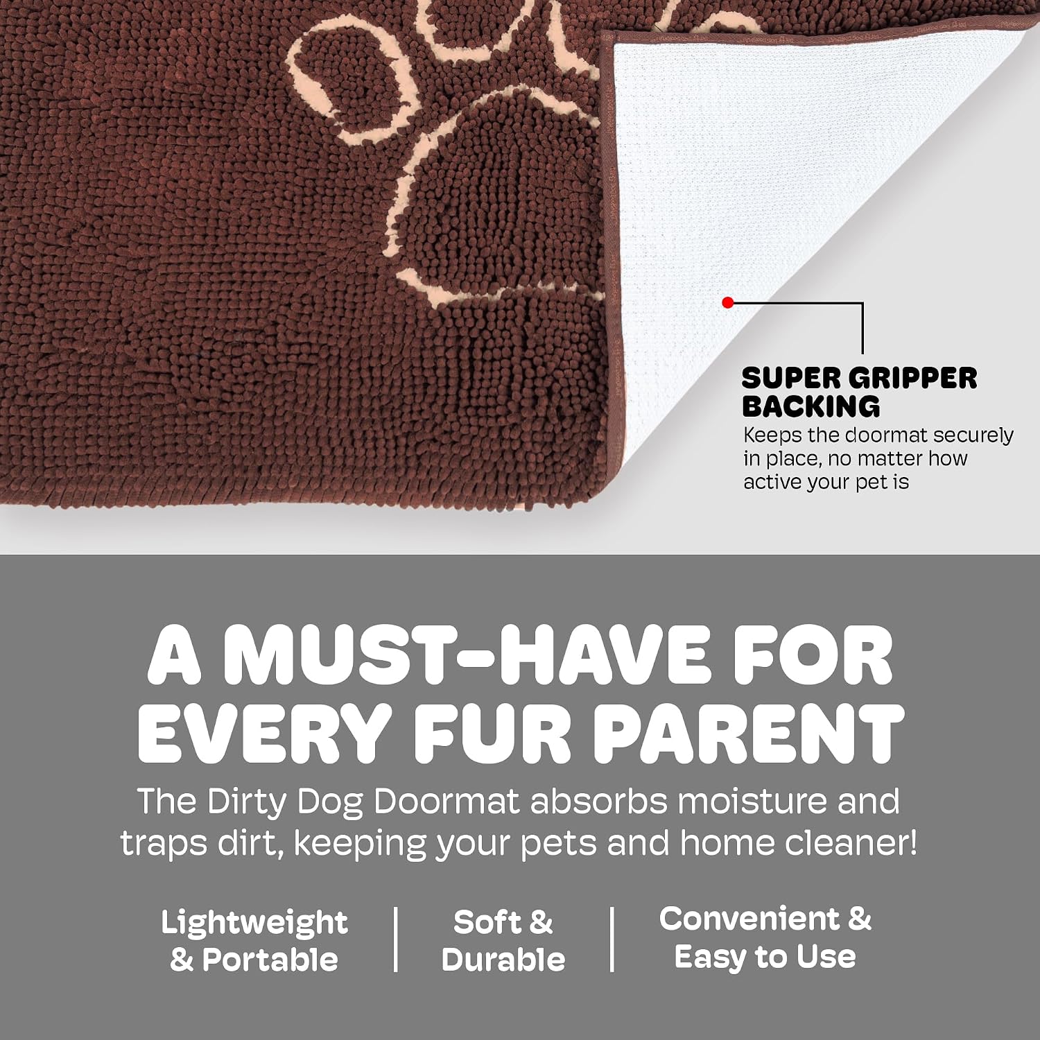 Dog Gone Smart Dirty Dog Doormat - Fast Drying Rug with Super Gripper Backing for Clean Floors - Super Absorbent and Machine Washable Mat for Muddy Paws - Grey