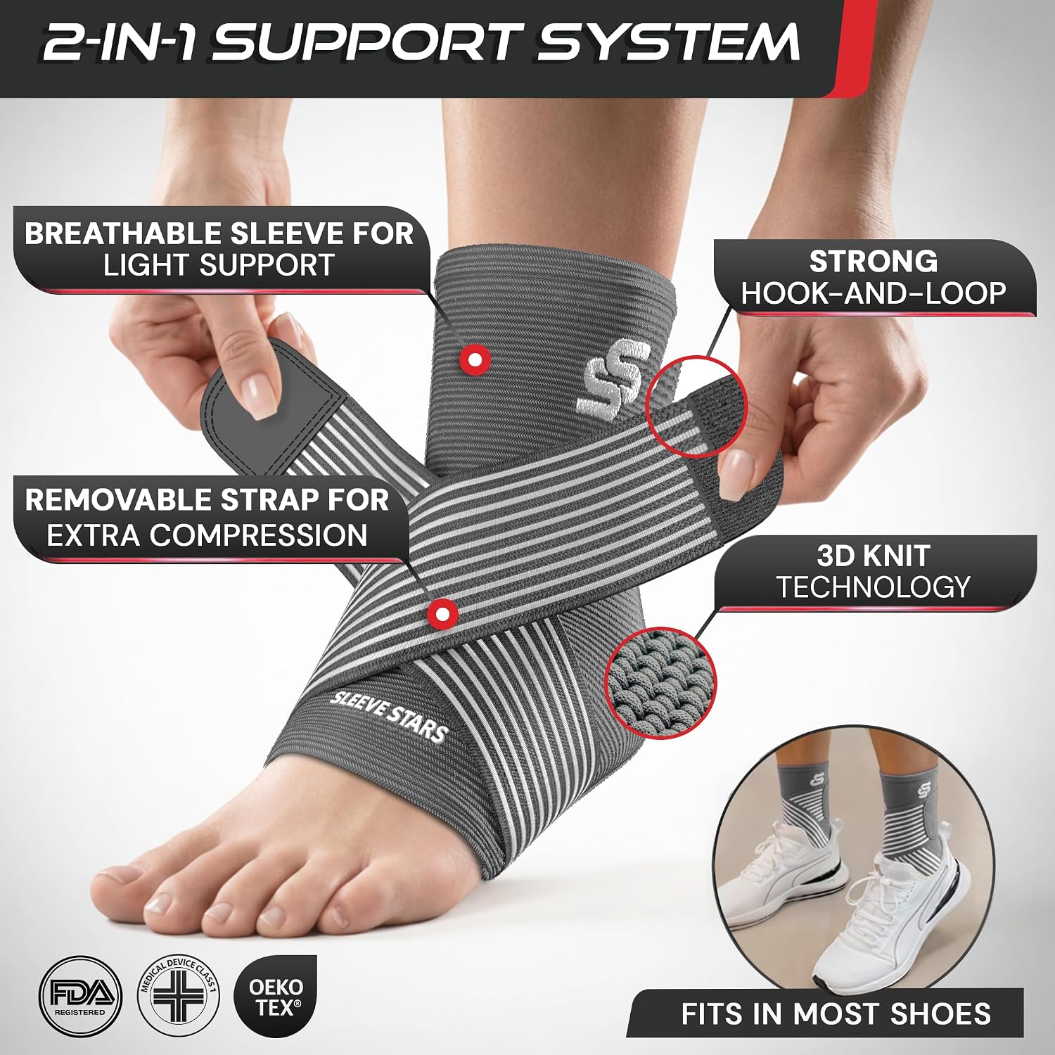 Sleeve Stars Ankle Brace for Women & Men, Ankle Wrap for Sprain, Compression Sleeve for Plantar Fasciitis Relief, Easy Customizable Support: w/ Removable Strap (Single/M:10"-12"/Black)