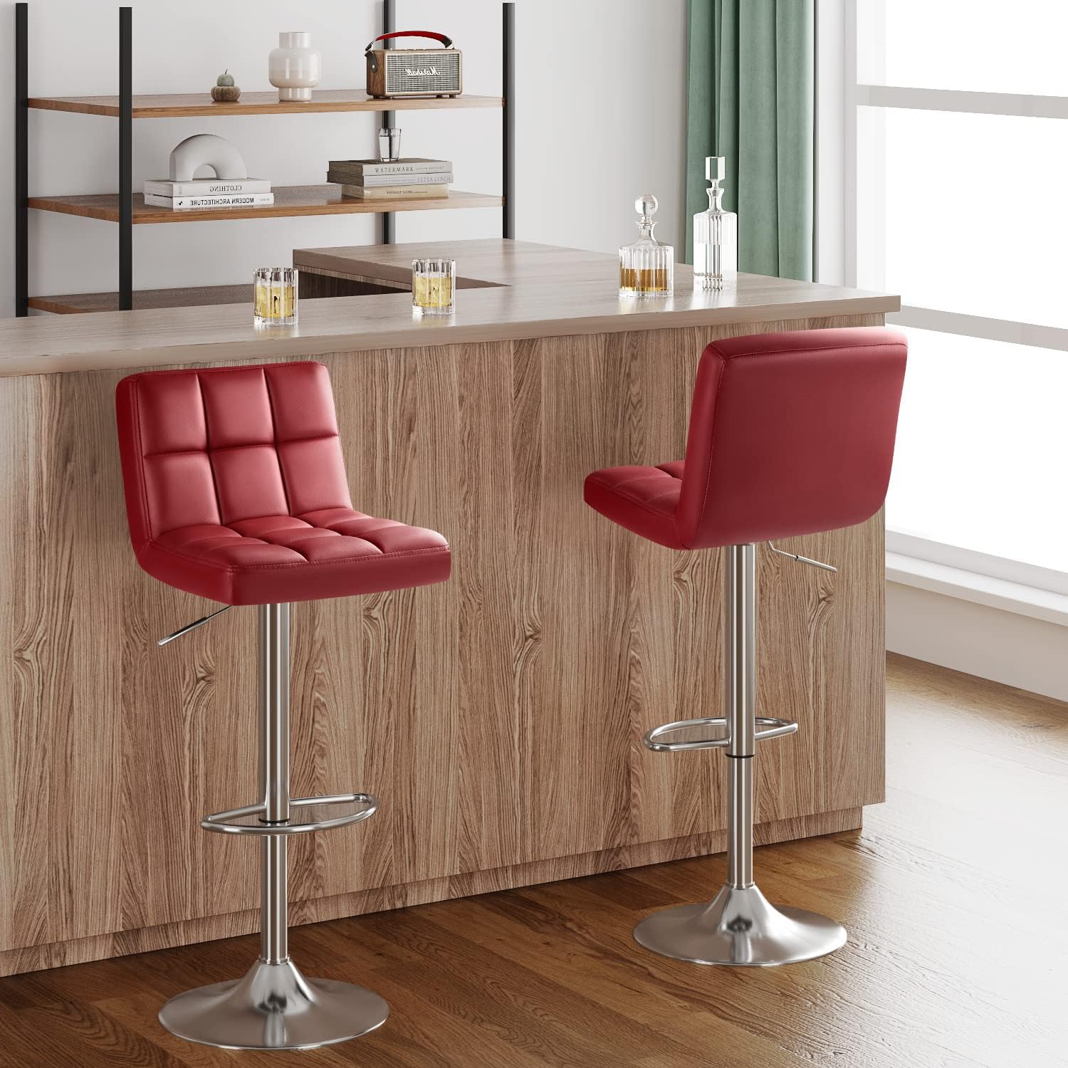 Furmax Bar Stools Modern Pu Leather Swivel Adjustable Hydraulic Bar Stool Square Counter Height Stool Set of 2 (White)