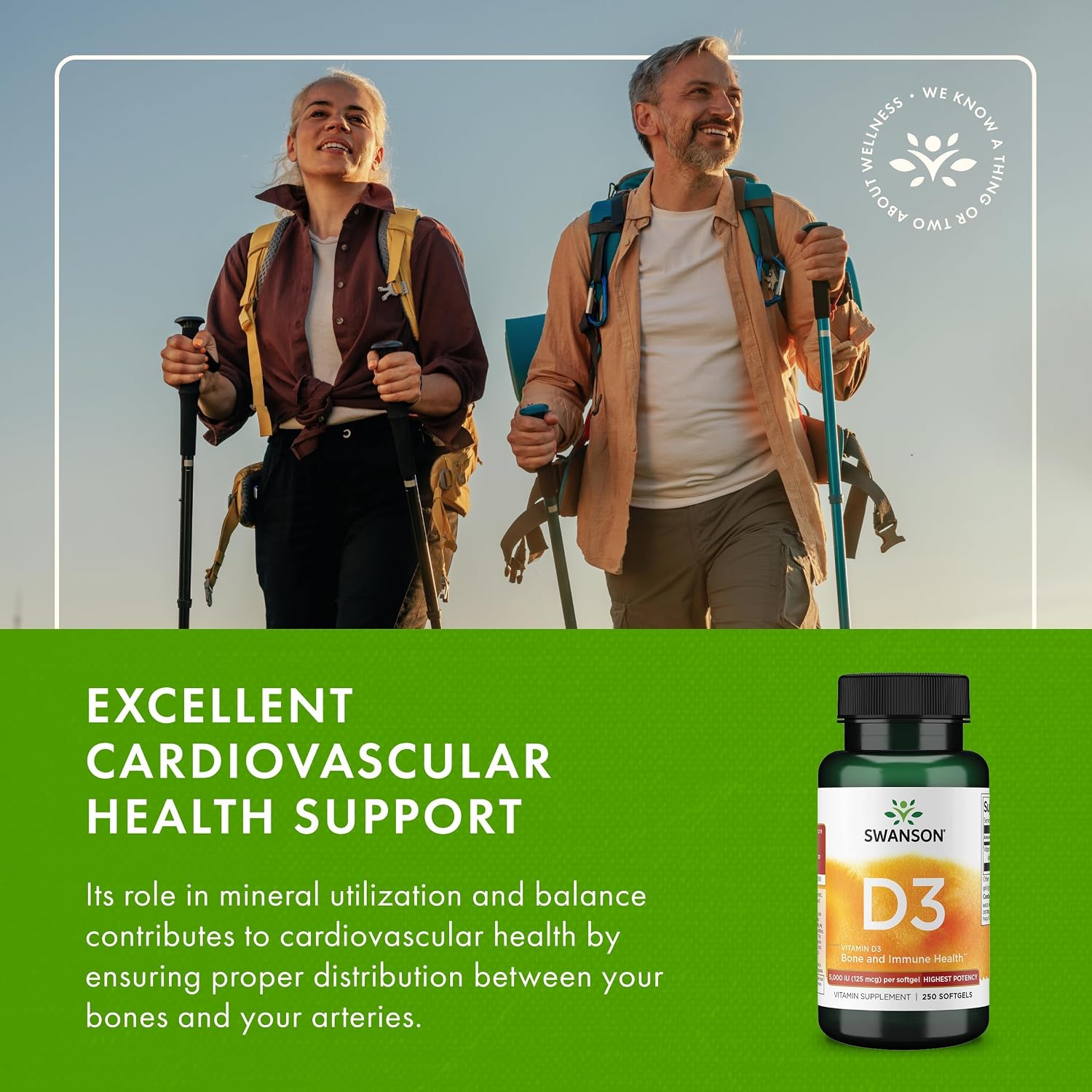 Swanson Vitamin D3 5,000 IU, 125 mcg Cholecalciferol, 250 Softgels | For Sun-Deprived Adults Seeking Bone, Immune, and Heart Support, 125 mcg Cholecalciferol, the Active Vitamin D3