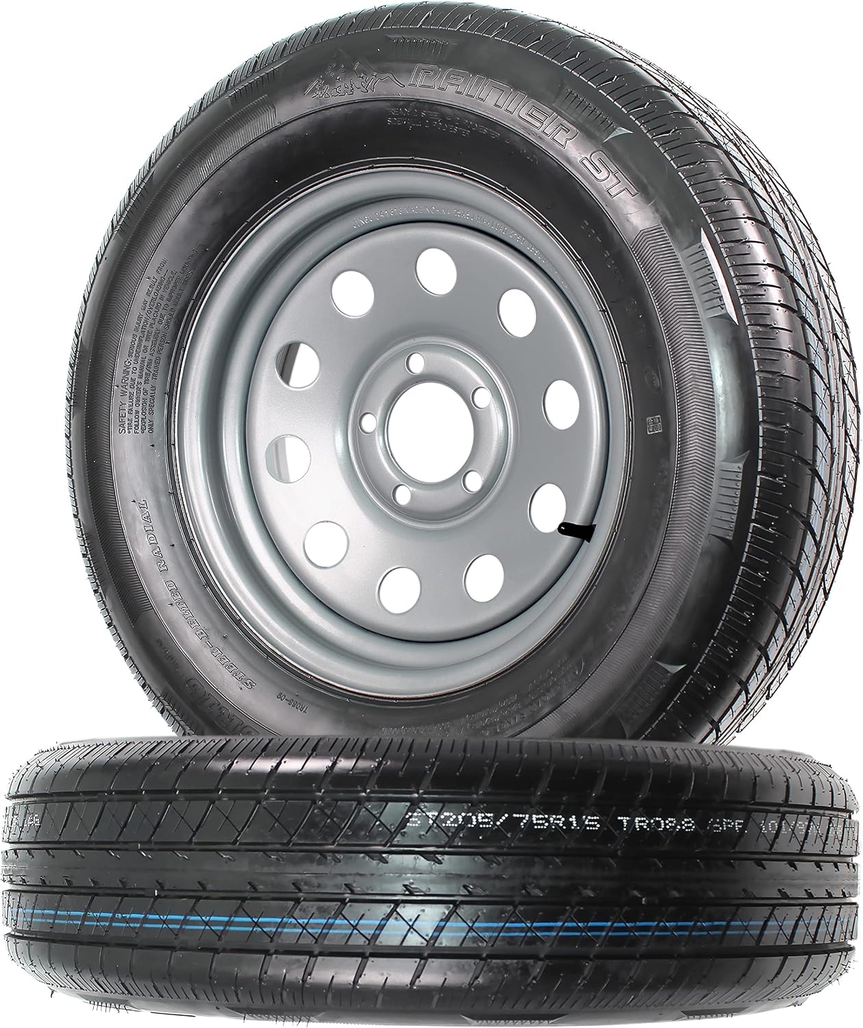 eCustomrim 2-Pack Radial Trailer Tire Rim Assembly ST205/75R15 5 Lug Silver | 205/75-15 Load Range C 6 Ply Tire With Curb Guard
