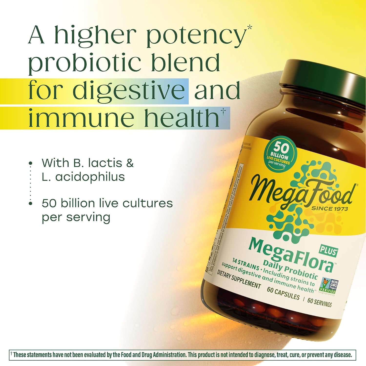 MegaFood MegaFlora Probiotic Plus, 50 Billion Live Cultures, 60 Capsules | Daily Probiotics for Women and Men, Supports Digestive Health, Immune Support Supplement, 14 Strains, Vegetarian, 60 Servings