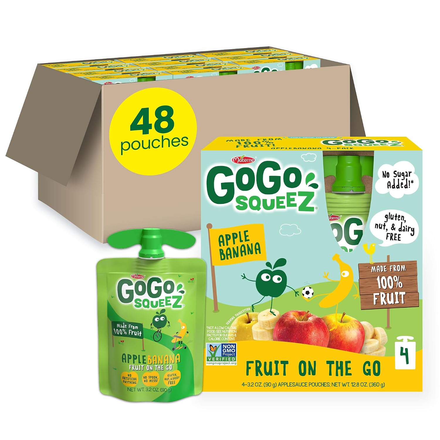 GoGo squeeZ No Sugar Added Applesauce, Apple Apple, 3.2 oz, 48 Count | Kids on the go fruit snack made with applesauce & fruit puree; 3.2 oz pouches, gluten and nut free, recloseable cap, BPA-free