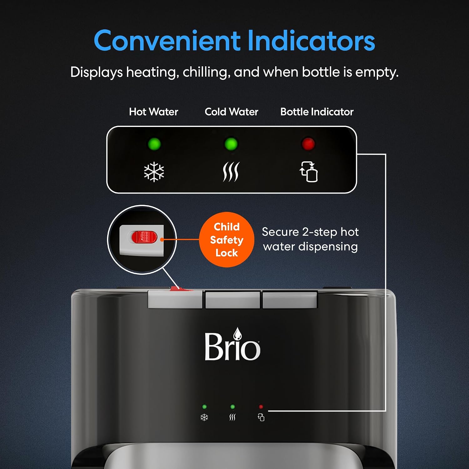 Brio Bottom Loading Water Cooler Dispenser for 5 Gallon Bottles - 3 Temperatures with Hot, Room & Cold Spouts, Child Safety Lock