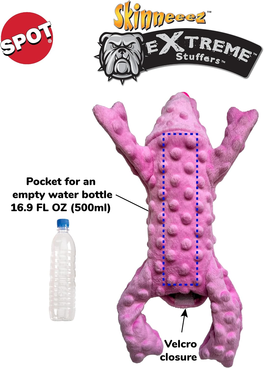 SPOT Skinneeez Extreme Stuffers Frog - Stuffing Free Dog Toy With Squeaker & Rip Stop Mesh Lining for Durability - Insert Plastic Bottle for Extra Crunch, For Small to Medium Puppies & Dogs - 14in