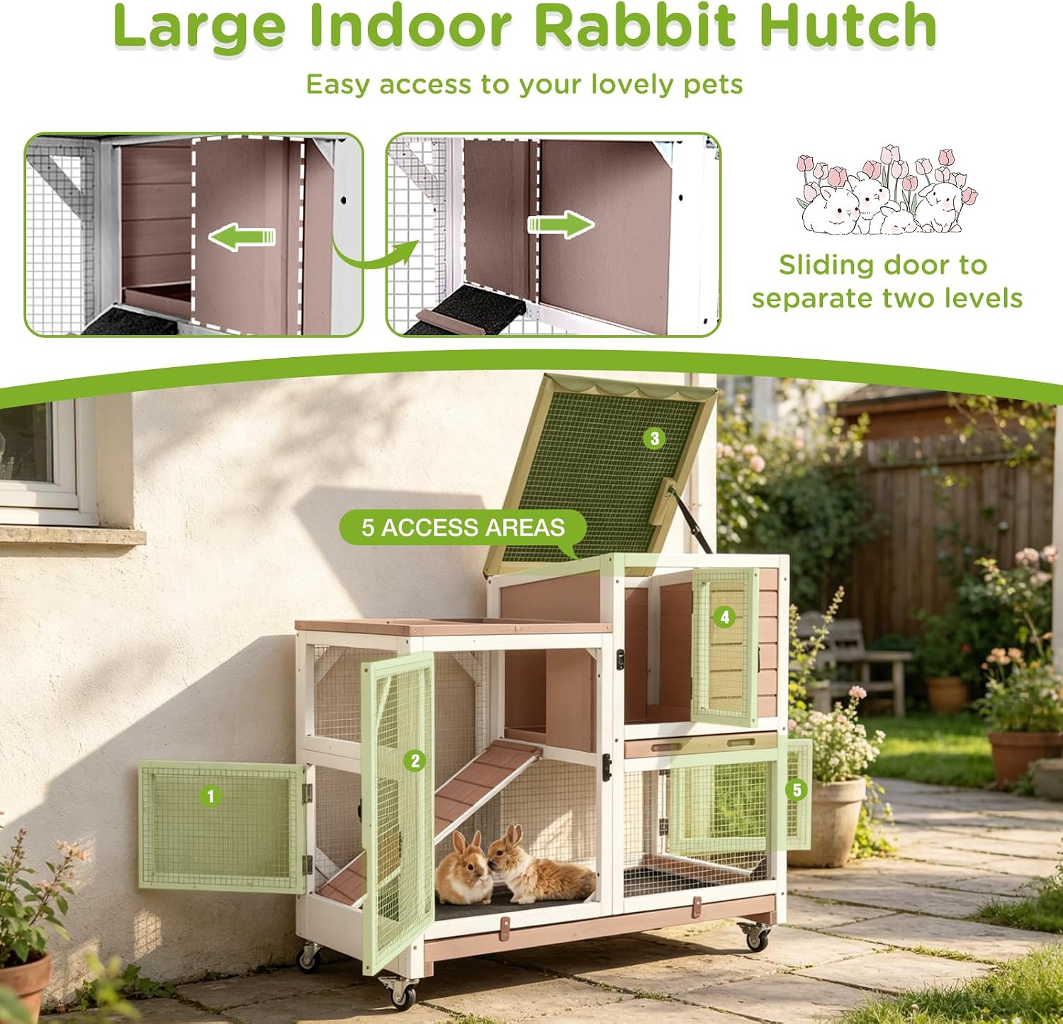 Indoor Rabbit Bunny Hutch Outdoor, Guinea Pig Cages with Removable Bottom Wire Netting - Easy Clean
