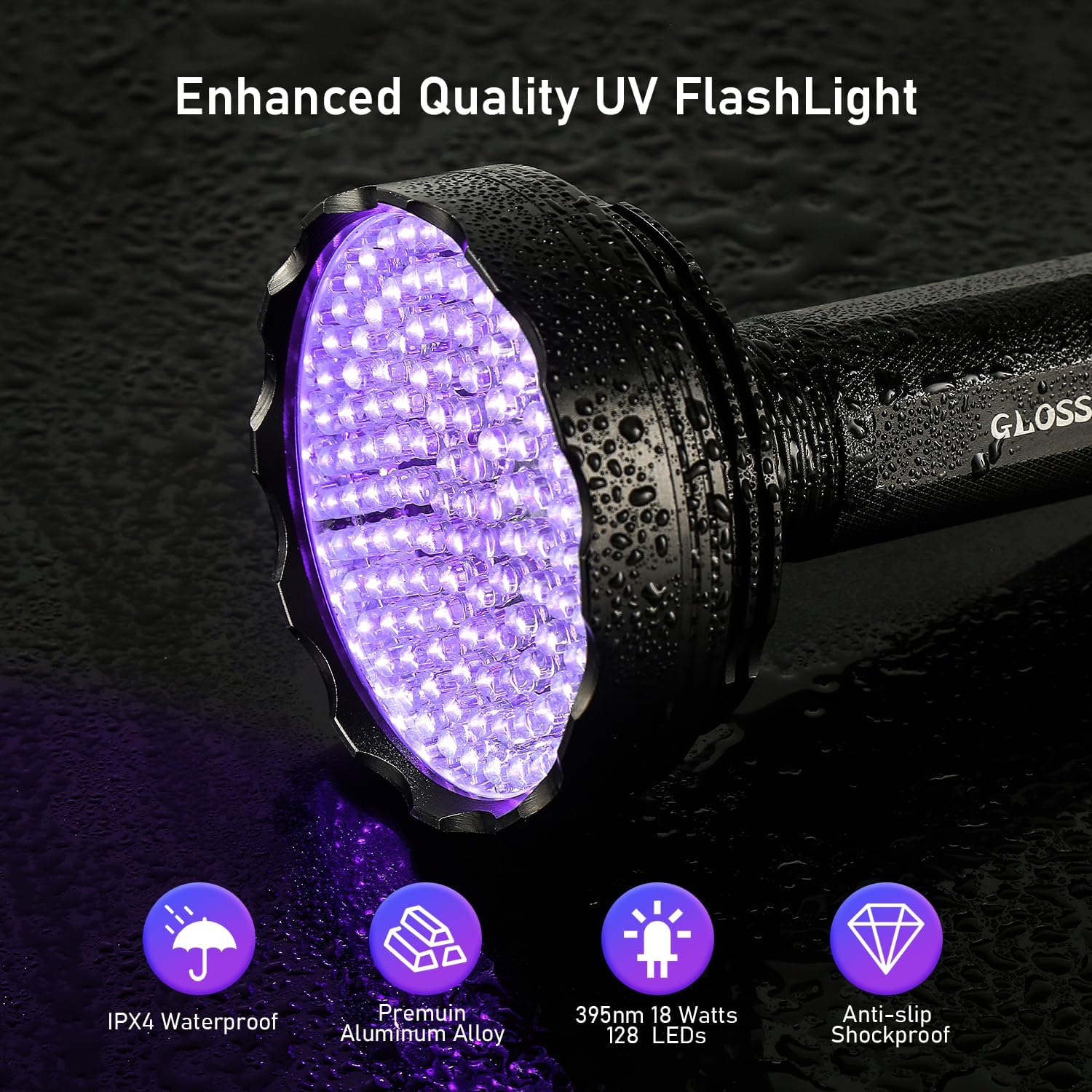 GLOSSDAY Blacklight Flashlight,128 LED UV Flashlights, Upgraded Bright Ultraviolet Flashlight Professional Black Light for Dog/Cat, Hunting Scorpions