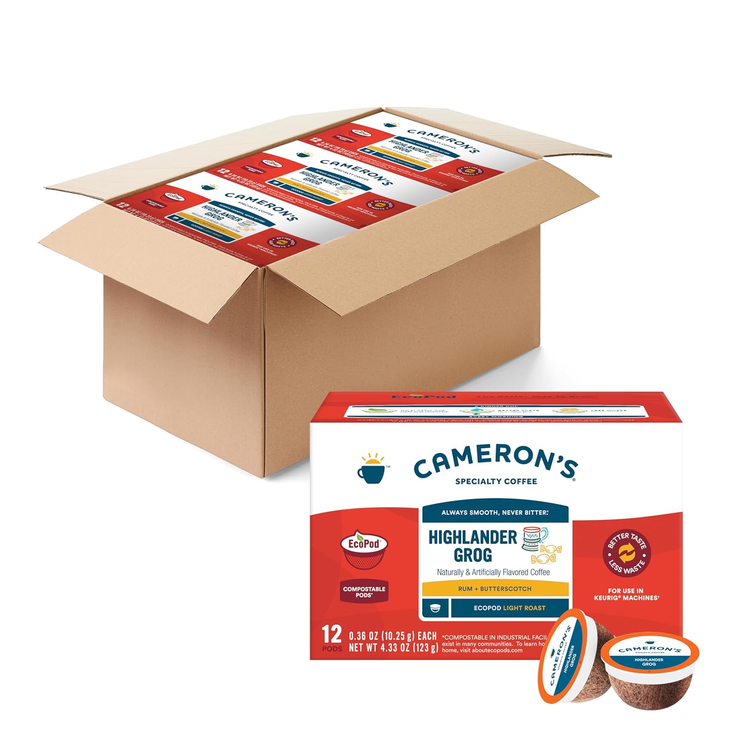 Cameron's Coffee Highlander Grog EcoPod Coffee, 12 Pieces, Light Roast, Gluten Free, 4.33 Ounces (Pack Of 6)