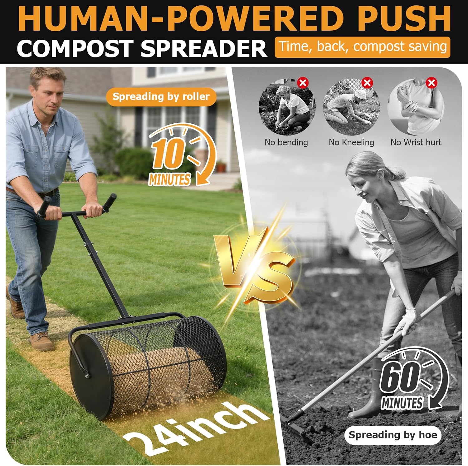 Compost Spreader 24in Peat Moss Spreader - U Shaped Comfortable Handle & Adjustable Height Powder-Coated Metal Mesh Hand Fertilizer Spreader for