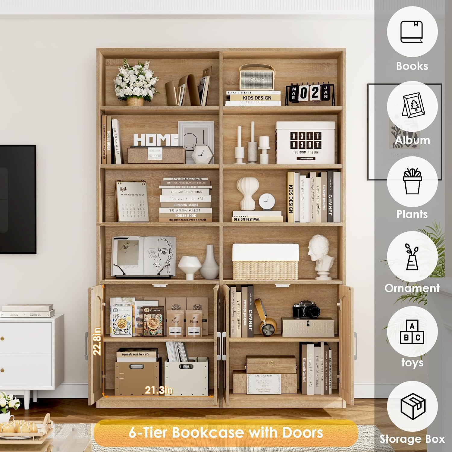 Bookshelf and Bookcase with Doors, Double Wide Large Bookshelves | Industrial Open Display Shelves 6 Tier, 73'' Tall Bookshelf with Storage Cabinets for Office,Home, Living Room, Library,White
