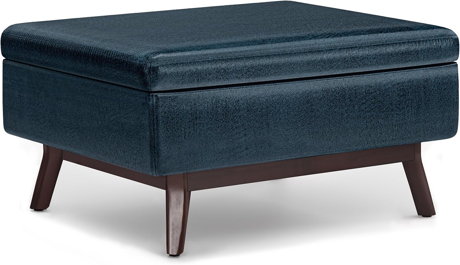 SIMPLIHOME Owen 34" Wide Vegan Leather Lift Top Ottoman in Dark Blue