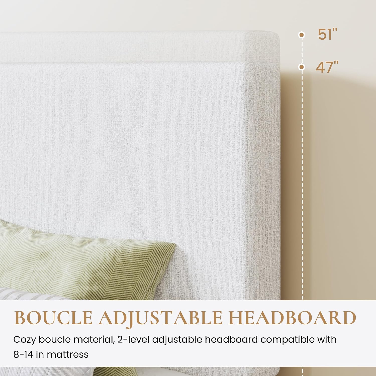 SHA CERLIN Boucle Upholstered Queen Size Bed Frame, White | Platform Bed with Adjustable Headboard, Wooden Slats Support, No Box Spring Needed, Noise-Free, Easy Assembly