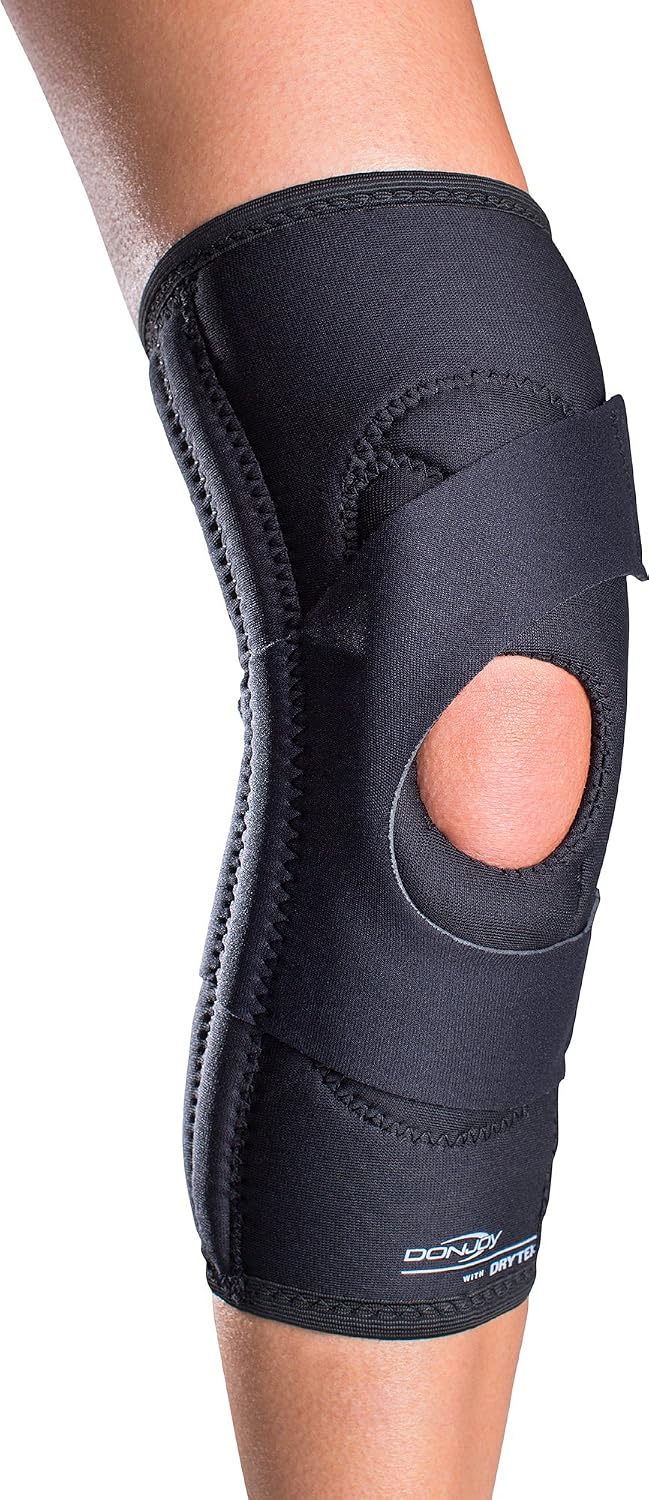 DonJoy Lateral J Knee Brace (Right Leg, Medium) | Hinged Neoprene Sleeve with Lateral J Buttress for Patellar Support, Right Leg. Sku 11-0775-3