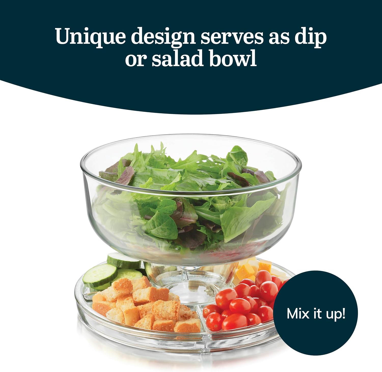 Libbey Selene 6-in-1 Domed Cake Stand, Unique Space Saving Glass Cake Stand with Dome, Multi-Purpose Dip Bowl To Serve Snacks and More