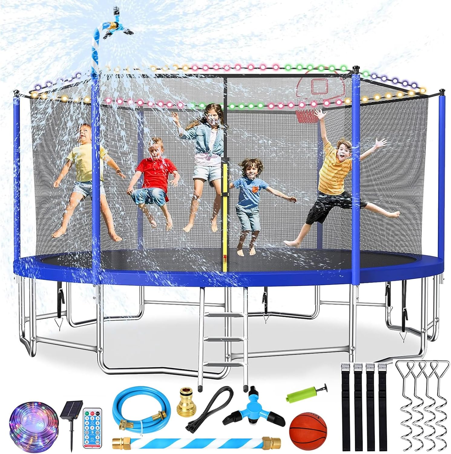 10 12 14 16FT Trampoline Outdoor, Light/Sprinkler/Basketball Hoop | Large Recreational Trampoline for Kids and Adults, Heavy Duty Yard Trampolines with Enclosure Net, ASTM Approval