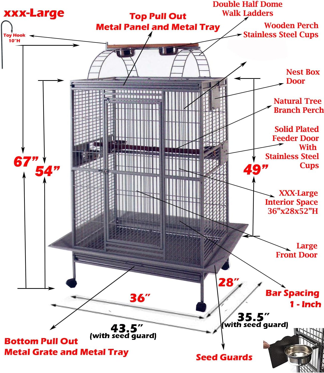 Large Double Ladders Open Play Top Wrought Iron Bird Parrot Parakeet Finch Macaw Cockatoo Cage, Include Seed Guard and Toy Hook (30.5''L x 29.5''W x 65''H, Black Vein)
