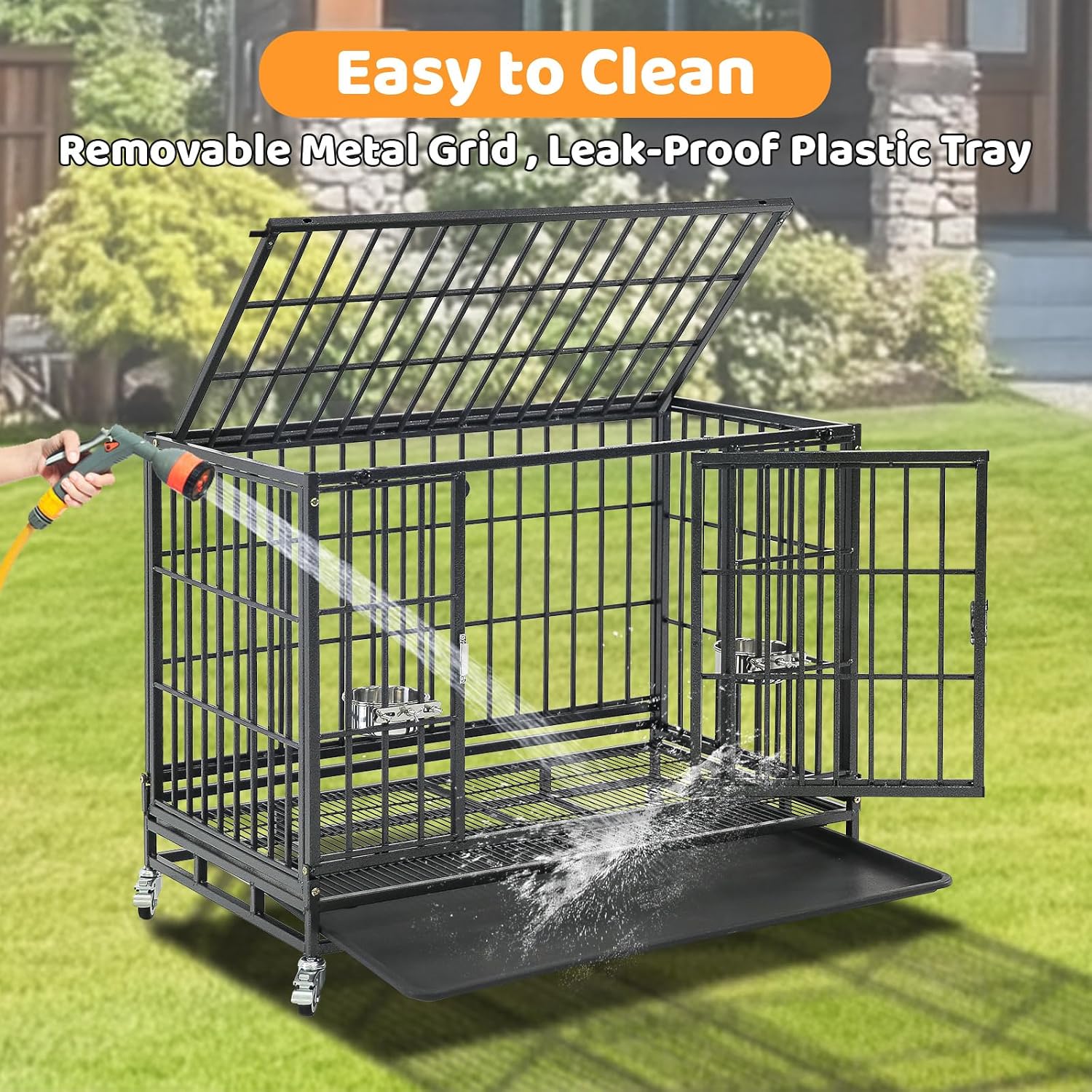 Homey Pet Taller 43" Heavy Duty Double Dog Crates with Divider & Dual Door | Drop Cage for Dogs with Lockable Wheels, Bowls, Removable Tray, Top Access, Ideal for Small to Medium & Large Dogs, Breeders