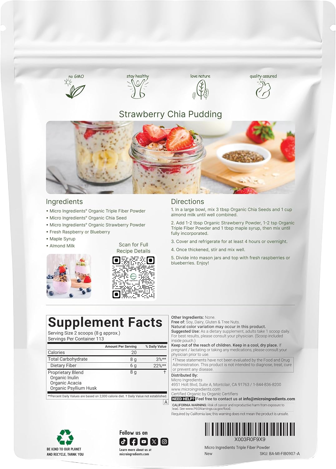 Micro Ingredients Organic Triple Fiber Powder, 2lb | Natural Prebiotic to Support Digestive & Gut Health | Soluble, Easily Digestible | Unflavored