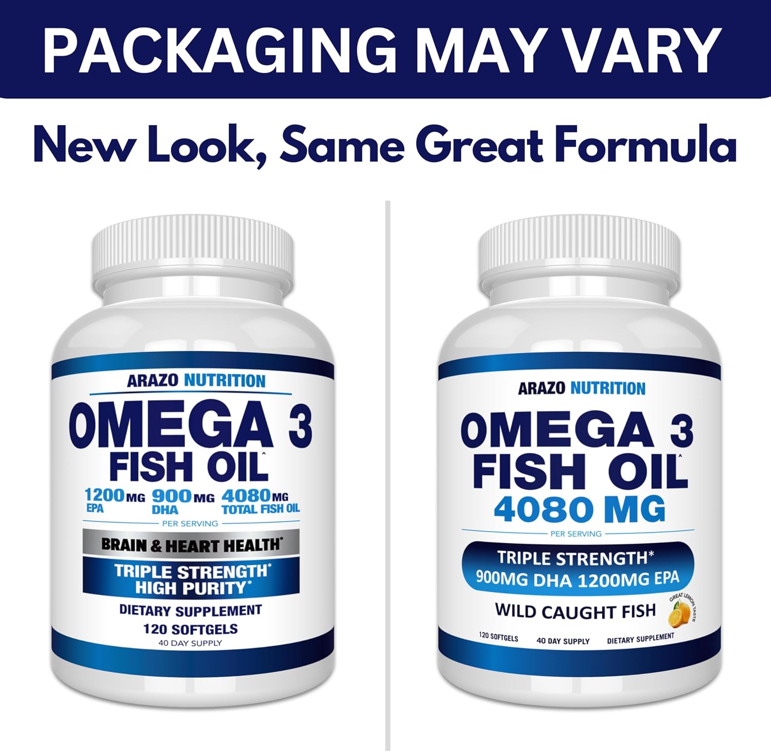 Arazo Nutrition Wild Caught Omega-3 Fish Oil Concentrate – 4,080mg per Serving – High EPA 1200mg & DHA 900mg – 120 Burpless Lemon Softgels
