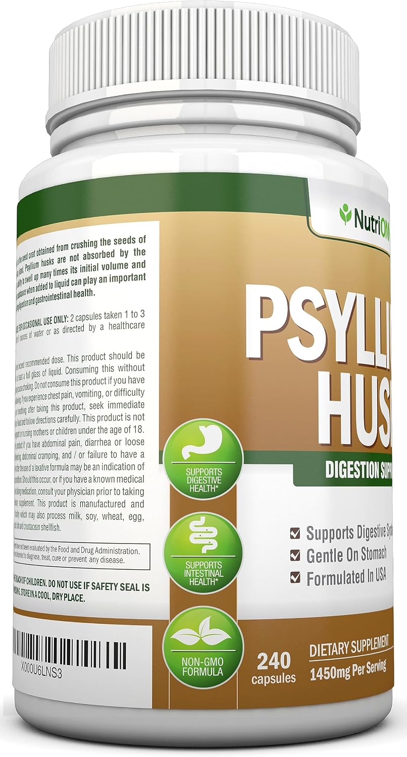 NutriONN Psyllium Husk Capsules - 1450mg - 240 Capsules - Made in USA - Double Strength - Premium Psyllium Fiber Supplement - Great for Digestion