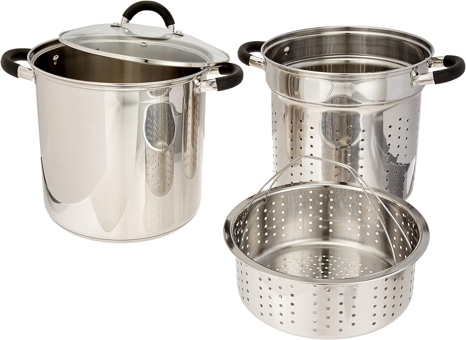 ExcelSteel 12 Qt Multifunction Stainless Steel Pasta Cooker with Encapsulated Base, Vented Glass Lid, and Riveted Silicone Covered Handles
