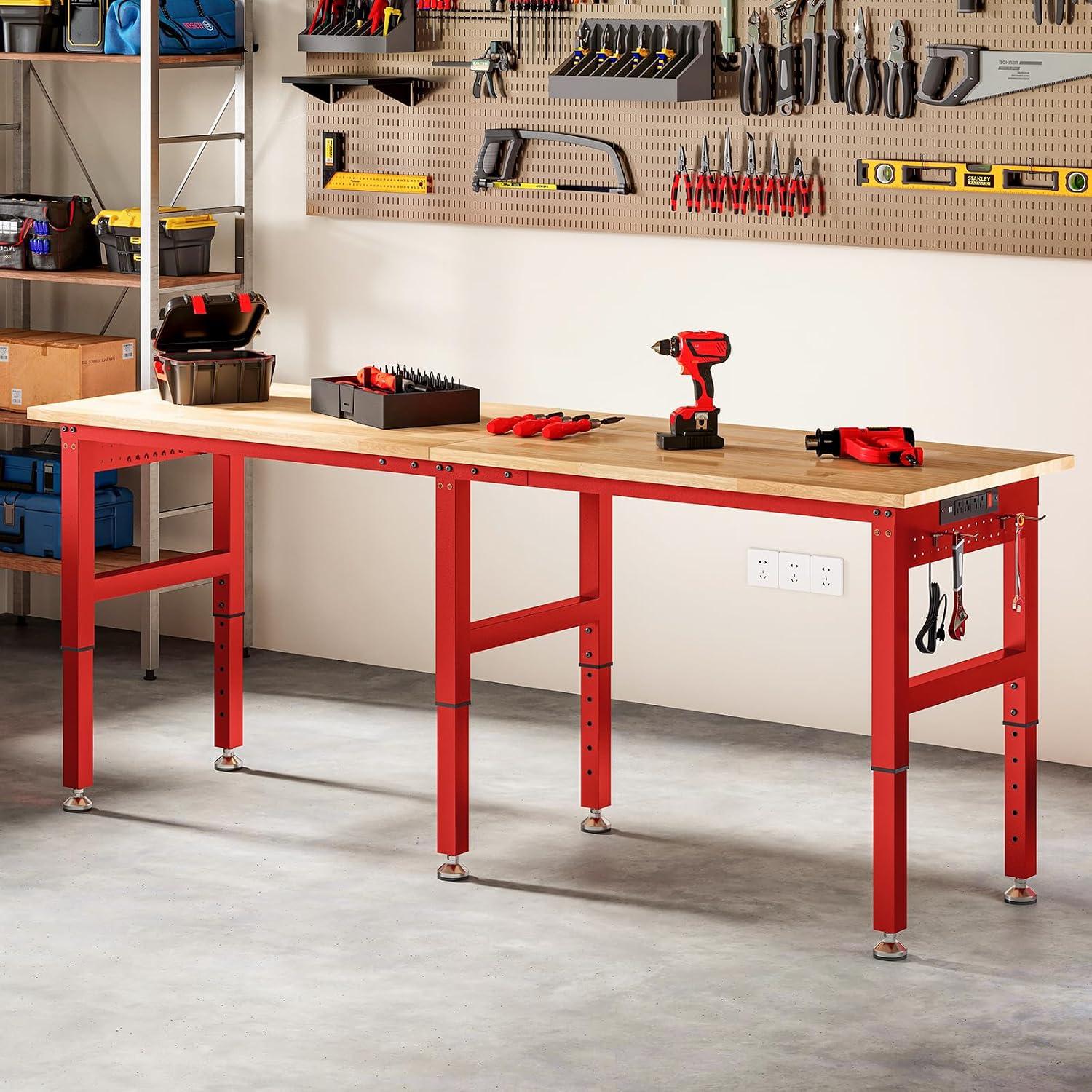 SPECRAFT Adjustable Black Heavy-Duty Workbench | 2000 Lbs Capacity, Rubber Wood Top, 4 AC Outlets and 2 USB Ports, for Garage, Workshop and Office
