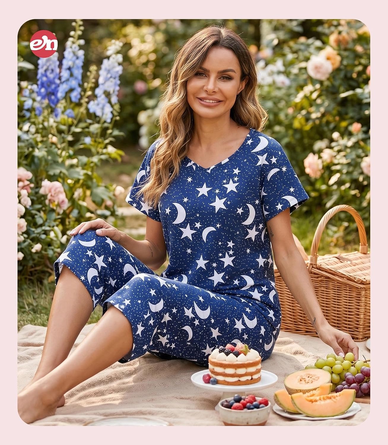 ENJOYNIGHT Womens Pajama Set Cotton Short Sleeve Top With Capri Pants Pj