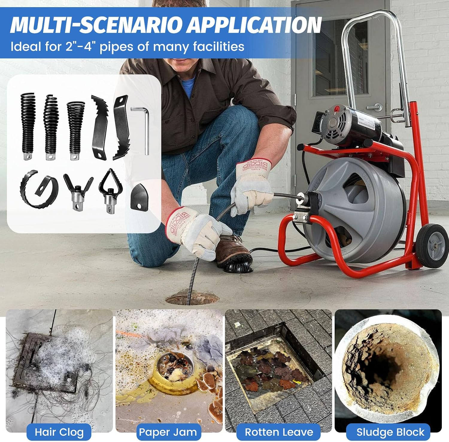 9-Piece Drain Snake Drill Attachment Kit, Drain Auger Replacement Heads with Hex Wrench for 5/16in-3/4in Cable, Fits 50ft-100ft Machines