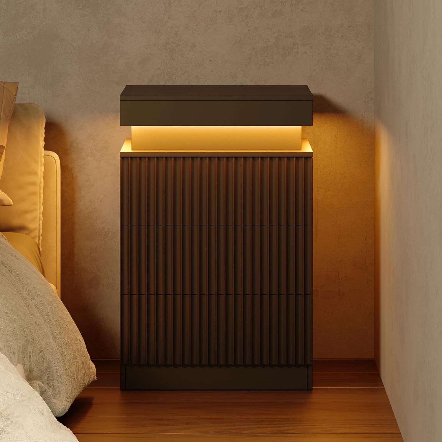 Fluted Nightstand with Charging Station and LED Light, Bedside Table with Sliding Top, USB Ports and AC Outlets, 3 Drawer Storage Cabinet