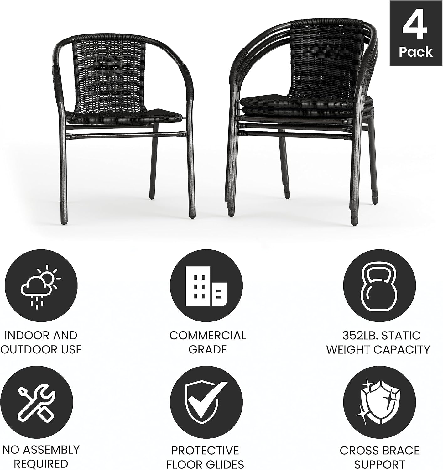 Flash Furniture Lila Modern Rattan Indoor/Outdoor Stackable Dining Chairs, Stacking Rattan Bistro Chairs for Patio or Restaurant, Set of 4, Brown | Commercial Grade, Indoor/Outdoor Use