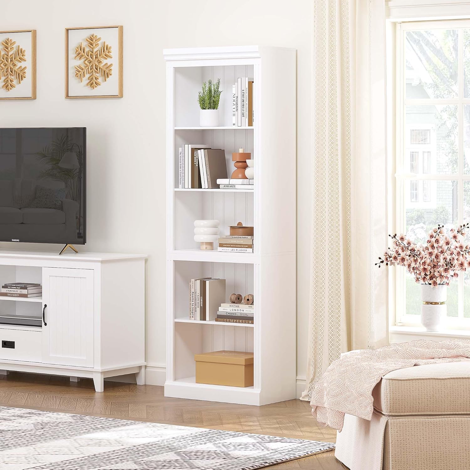 Spirich White Bookshelf, 5-Tier Tall Bookcase with Adjustable Shelves | 13.4-Inch Depth, Anti-Tip Device, Water-Based Finish, FSC-Certified Wood