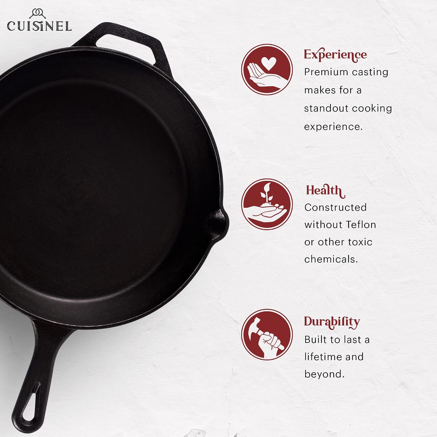 Cast Iron Skillet - 10"-Inch Frying Pan with Pour Spouts + Pan Scraper + Silicone Grip Handle Cover Holder - Pre-Seasoned Oven Cookware - Indoor/Outdoor Use - Stovetop, Induction. PFAS and PFOA-free