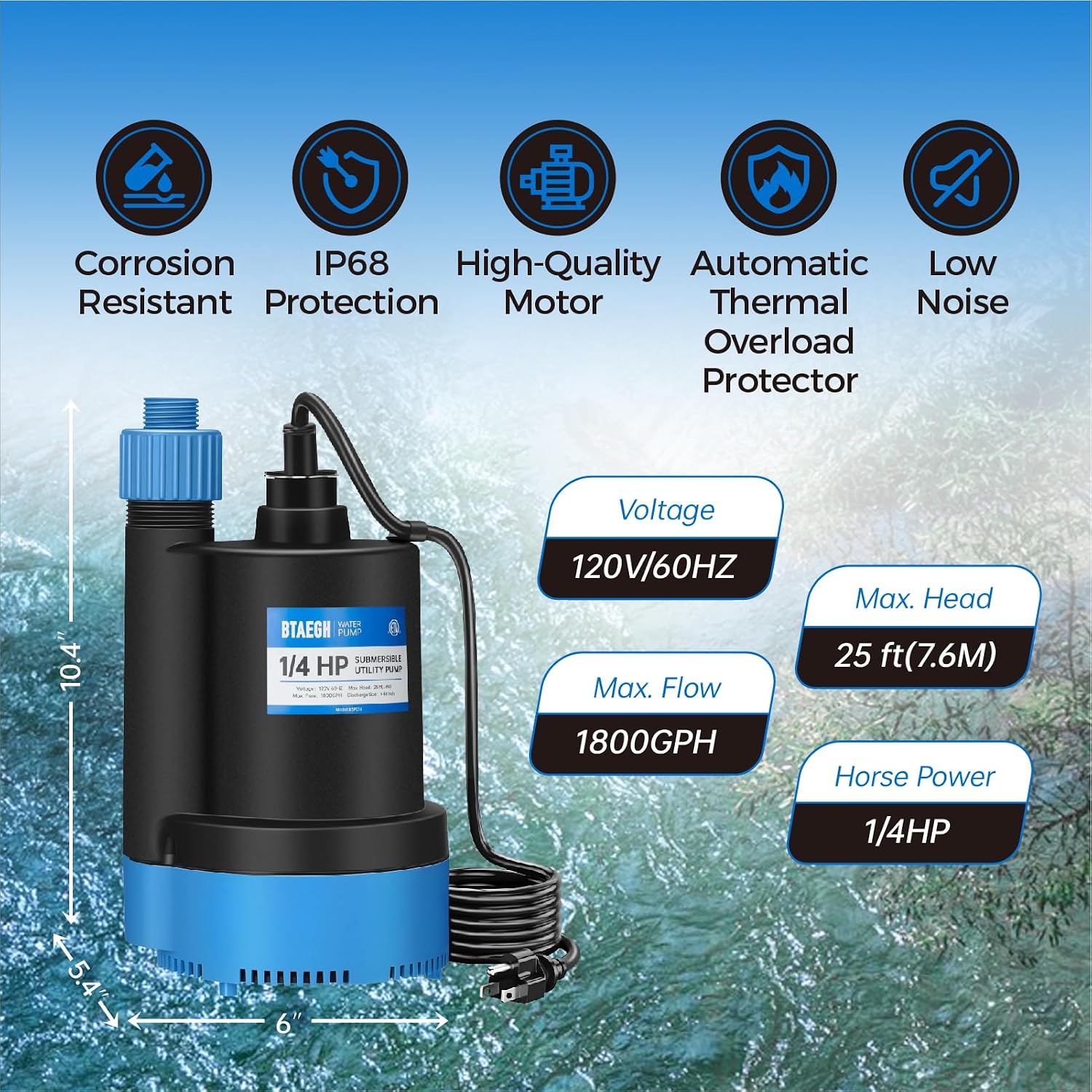 1/4 HP Submersible Water Pump 1800GPH Small Sump Pump Thermoplastic Electric Portable Transfer Utility Pump Clean for Swimming Pool Basement Garden