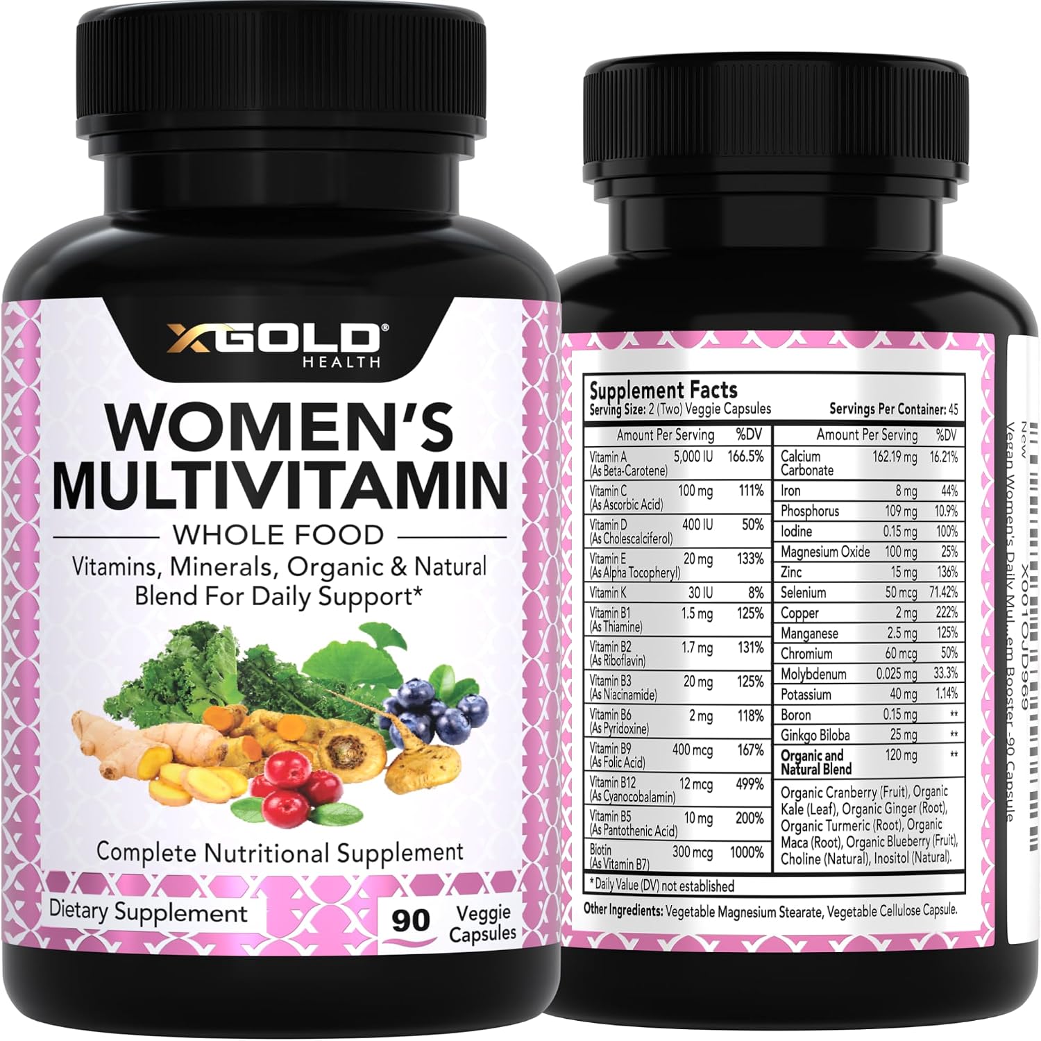 Vegan Women's Daily Multivitamin 50 Plus with Organic WholeFood Based Natural Ingredients, Ginger, Maca