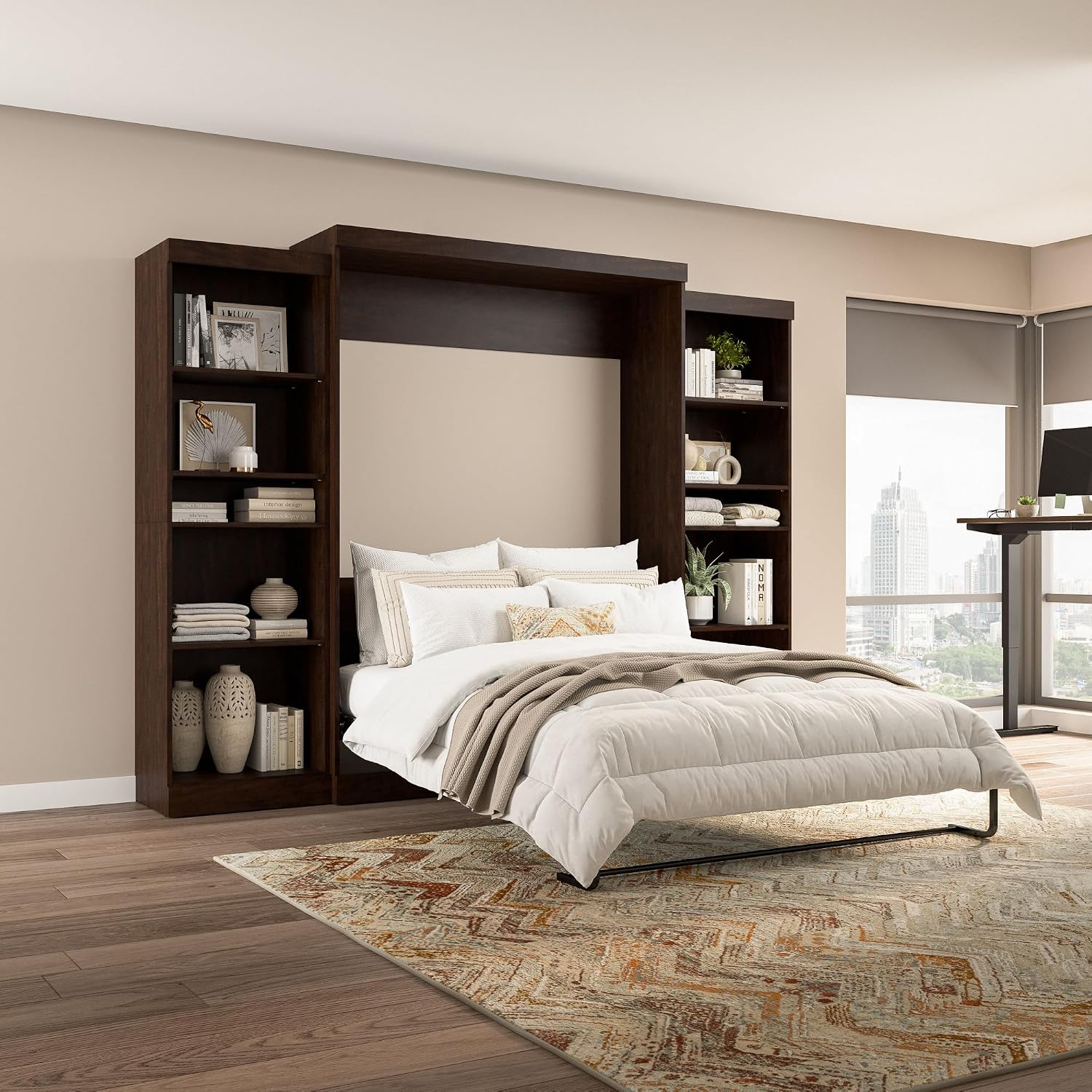 Bestar Pur Full Murphy Bed and 2 Shelving Units with Drawers, 109-inch Space-Saving Sleeping Arrangement in White | 2 Shelving Units with Drawers; supports up to 1000 lb; min. ceiling height 86.4 in.; dual piston mechanism; 10-year warranty