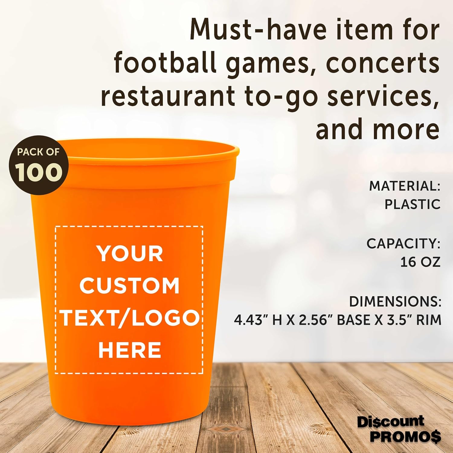 DISCOUNT PROMOS Custom Plastic Stadium Cups 16 oz. Set of 10/50/100, Personalized Bulk Pack - Perfect for Birthdays, Weddings, Picnic, Beach