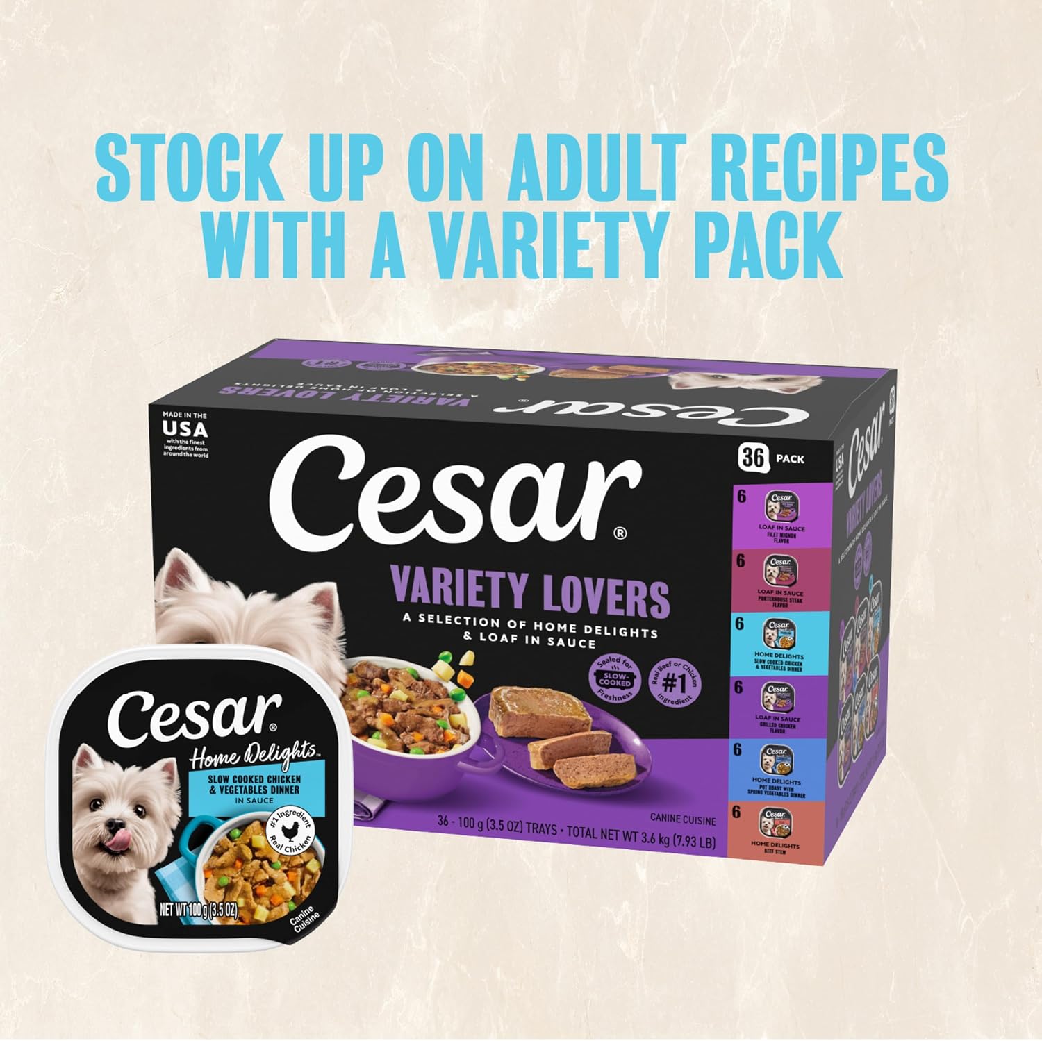 Cesar Wet Dog Food, Steak Lovers Variety Pack, 3.5 oz, 36 Count | Real meat #1 ingredient, easy peel trays, 100% complete & balanced, no fillers, no added sugar, no artificial flavors