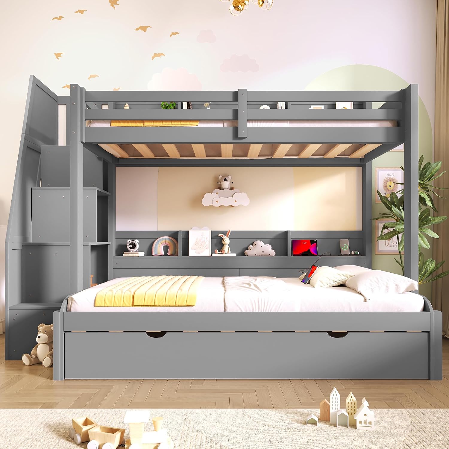 Bellemave Full Over Full Bunk Beds with Stairs Stairway Bunk Bed Frame with Storage Shelves for Teens Adult, Detachable Wood Full Bunk Bed, Gray