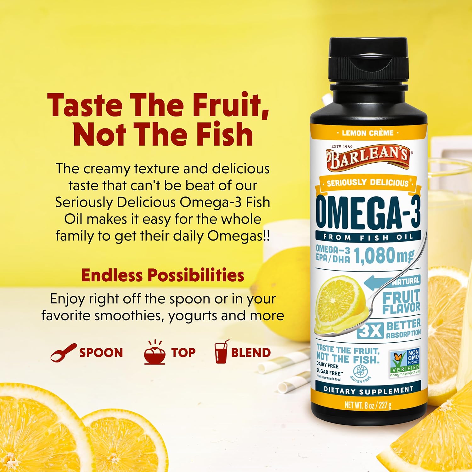 Barlean's Mango Peach Omega-3 Fish Oil, Vitamin D, 1080mg EPA & DHA, 8oz | Wild-caught fish oil plus vitamin D, EPA DHA omega-3, Burpless, Non-GMO, Gluten-free, Heart, brain, bone & immune