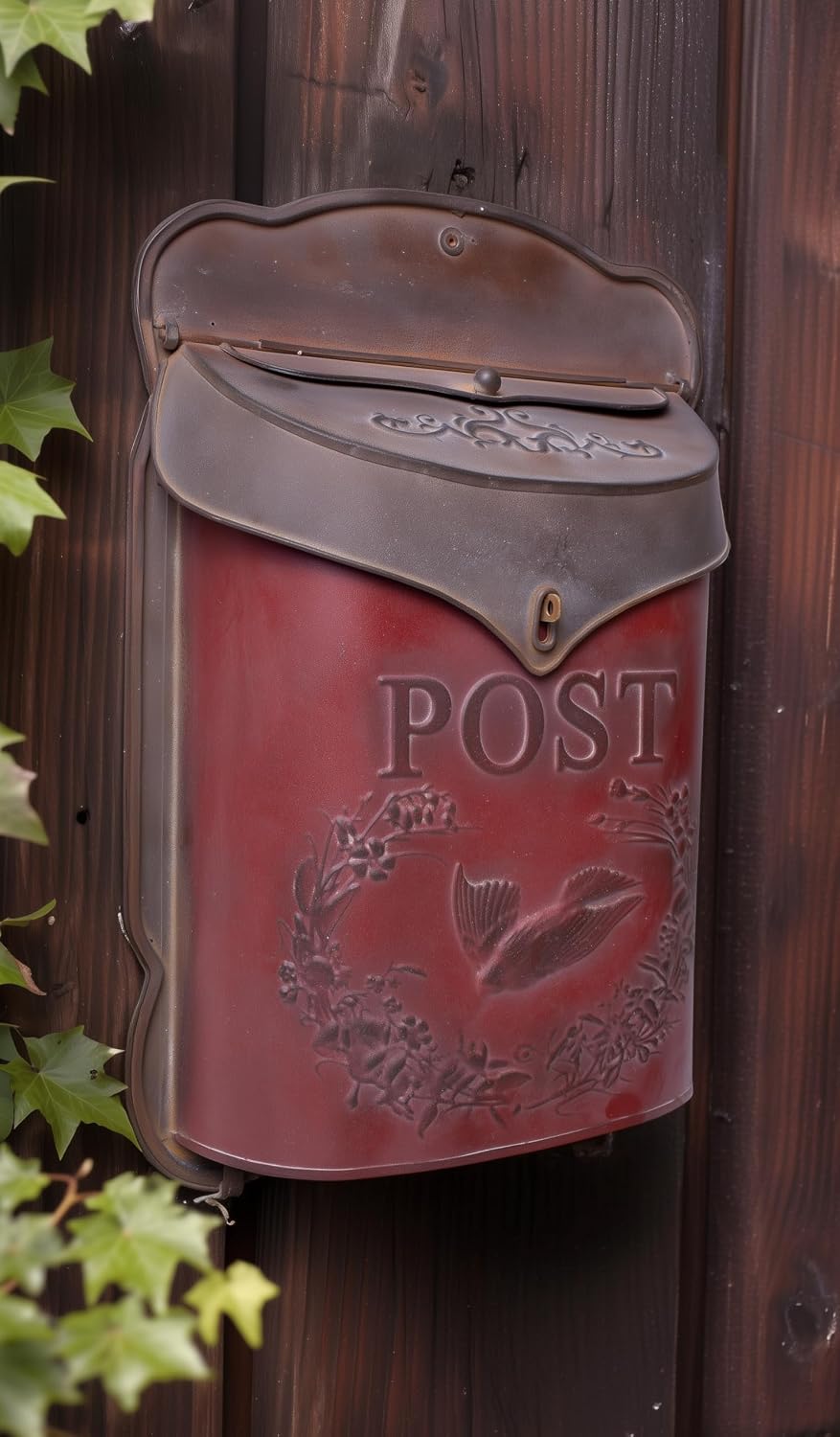 Red Co. 10.5” x 15.5” Shabby Chic Wall-Mounted Post Embossed Aged Metal Mailbox, Rusted Red