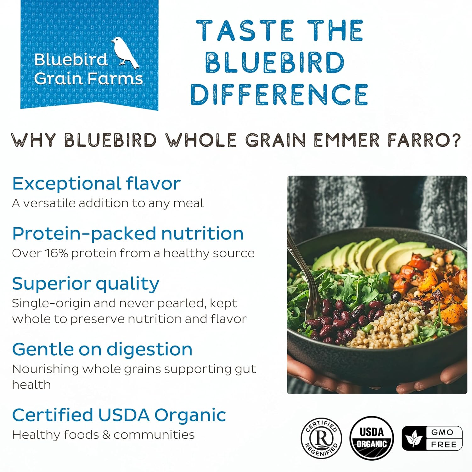 Bluebird Grain Farms Organic Whole Grain Emmer Farro, 1 Lb.
