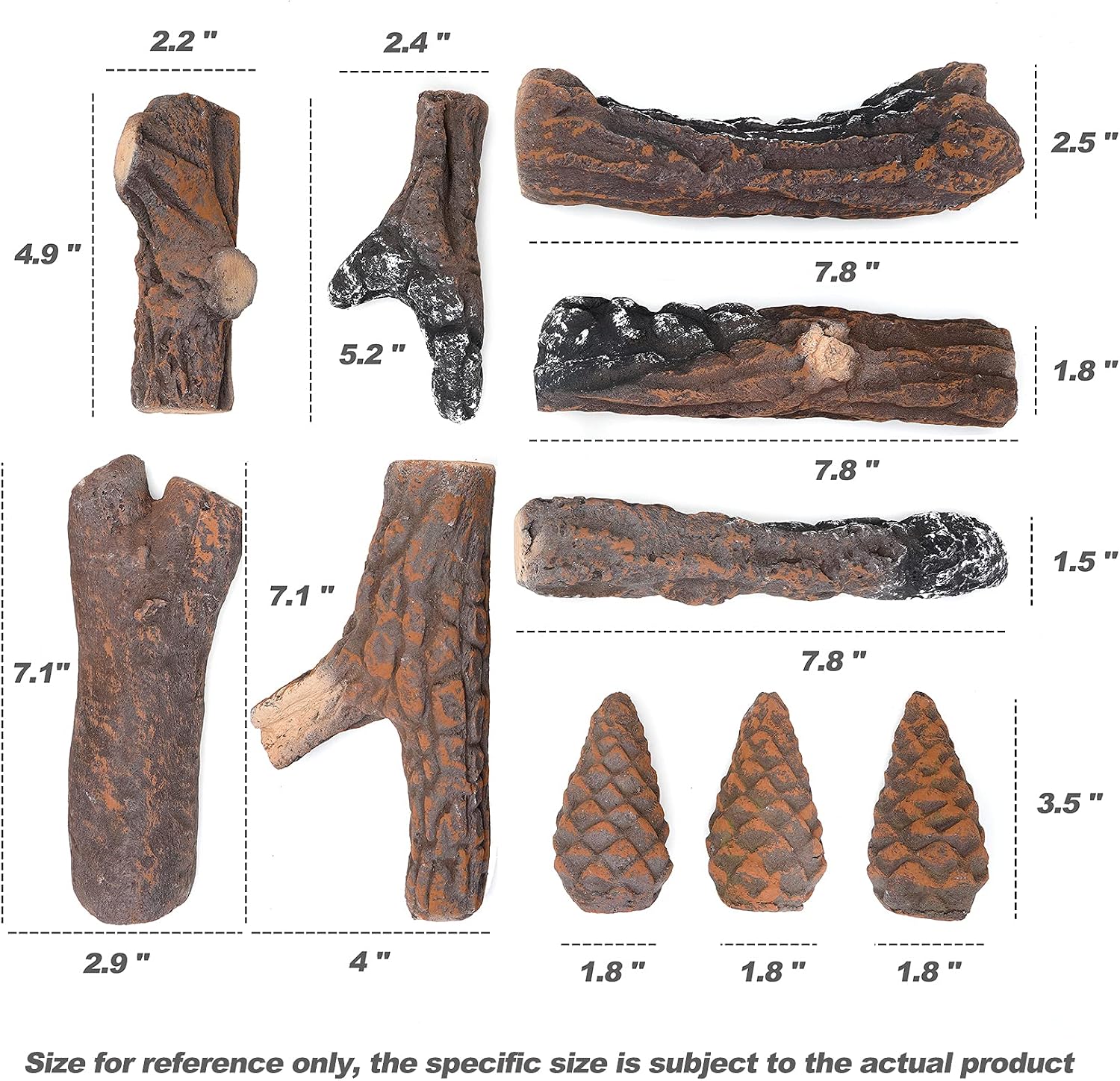 Skyflame 10 Small Piece Set of Ceramic Wood Logs and Pine Cones