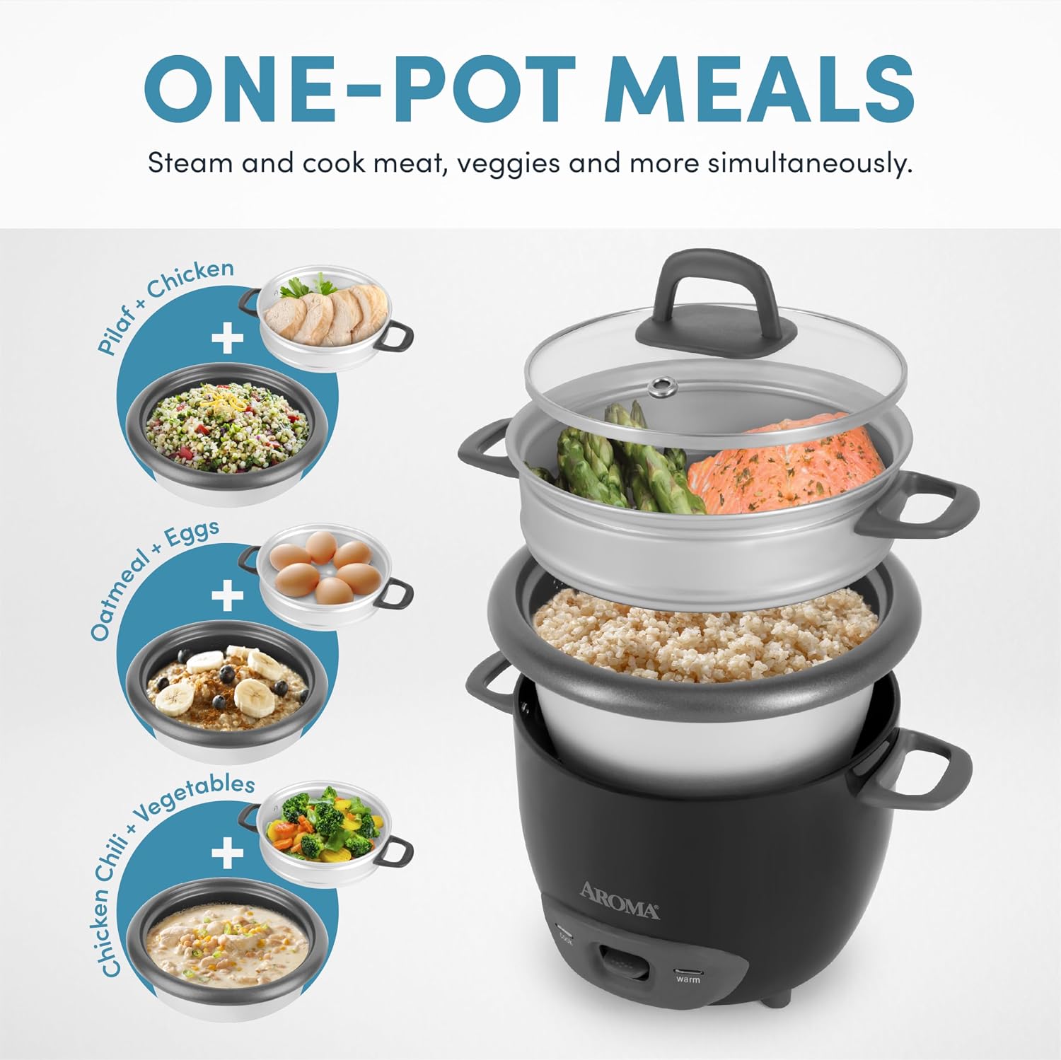 AROMA® Rice Cooker, 3-Cup (Uncooked) / 6-Cup (Cooked), Steamer, Small Rice Cooker, Oatmeal Cooker, Soup Maker, Auto Keep Warm, 1.5 Qt, White, ARC-743-1NG