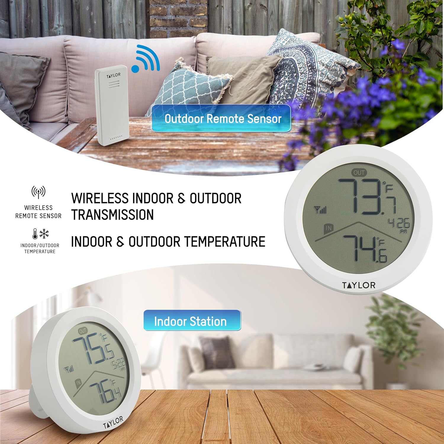 Taylor Wireless Digital Indoor Outdoor Thermometer, Easy to Read Numbers for Patio, Pool, and Indoor Areas, LCD, Black